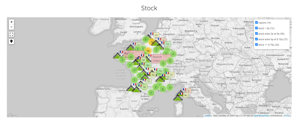 Maps qui permet de voir la quantité de stocks dans chaque magasin. 