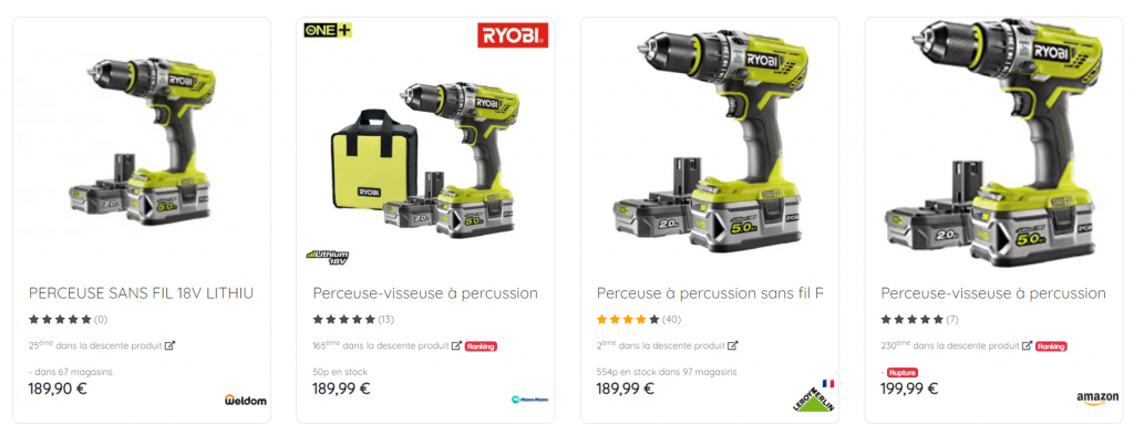 Capture d'écran de l'outil Retail Shake comparant les photos de perceuses dans leurs fiches produits.