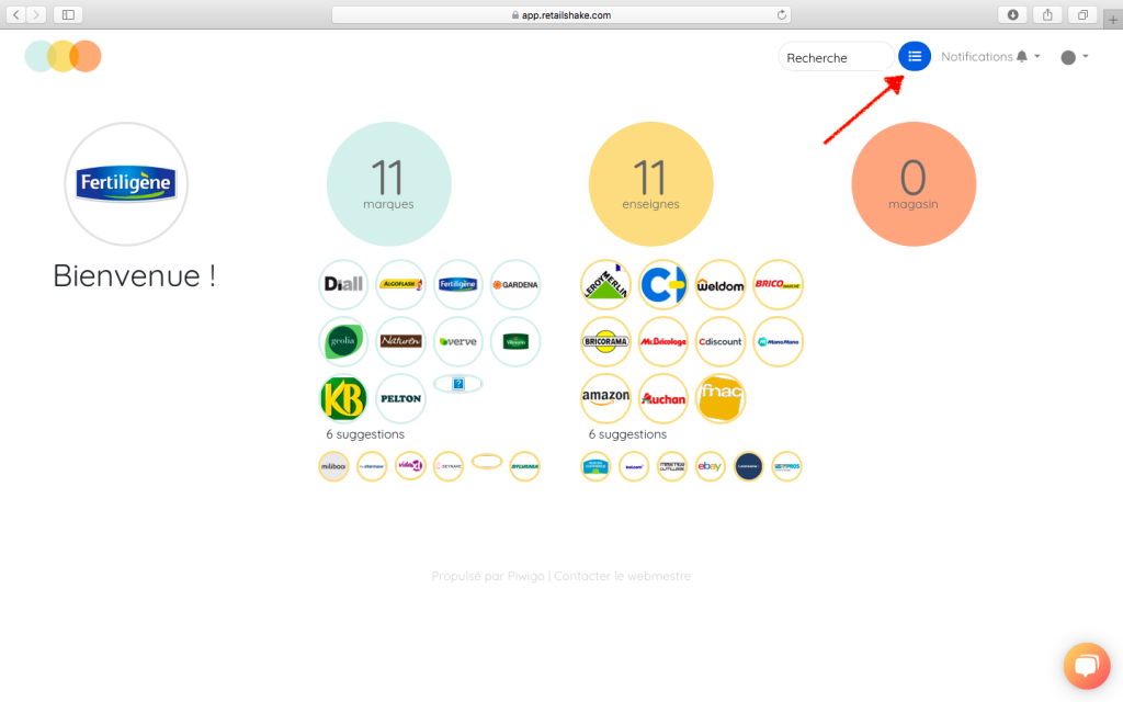 Tableau de bord de l'application Retail Shake